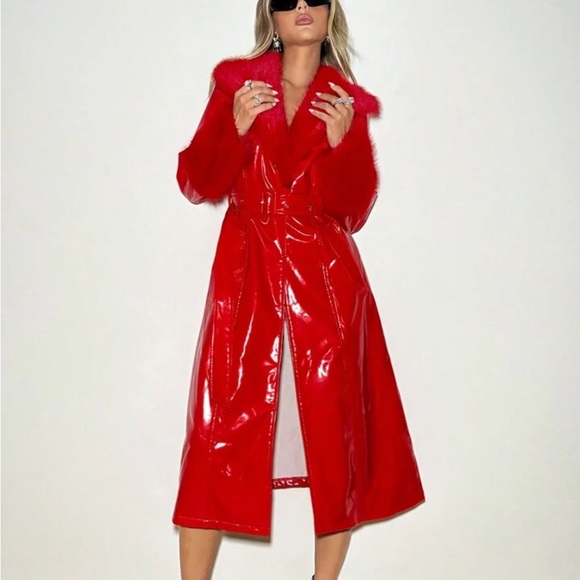 Meek Jackets & Blazers - Vibrant Red Faux Fur Trimmed Trench Coat
